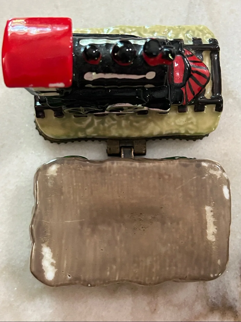 Vintage Hand Painted Porcelain Railway Steam Engine Hinged Trinket Box Train